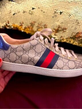 Gucci Beige GG Canvas Sneaker with Red and Navy Web Stripe